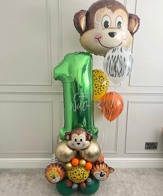 Balloon on Stand Green Number '3' with Latex Light Gold and Green with Customize Sticker Animals Monkey Lion Tiger and Helium Bunch Animal Printed Latex – Customizable Design