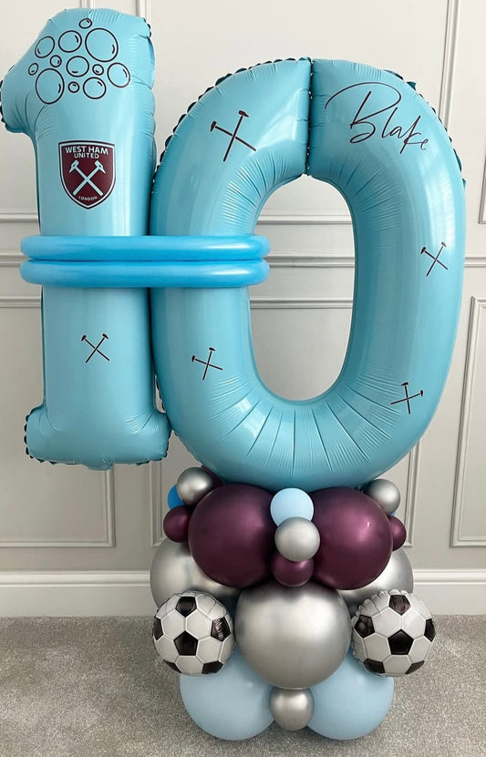 Platform Blue Number '10' with Latex Purple, Silver and Blue with Soccer Ball Foil accents and Customize Sticker – Customizable Design