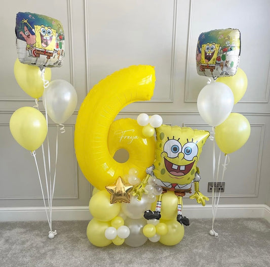 Platform Yellow Number '21' with Latex White and Pearl White with Star, Spongebob Foil and Customize Sticker accents Helium Foil Latex Bunch – Customizable Design
