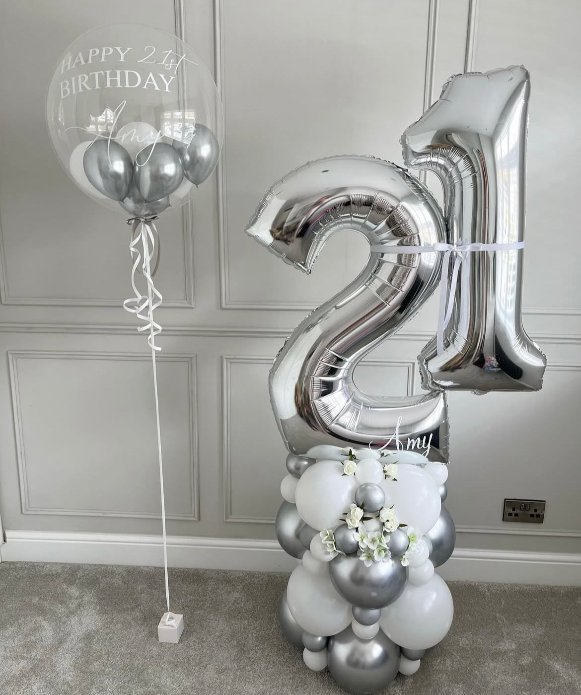 Balloon on Stand Silver Number '21' with Latex White and Silver with Artificial Flowers, Ribbons accents and Personalised Clear with Mini Latex and Customize Sticker – Customizable Design