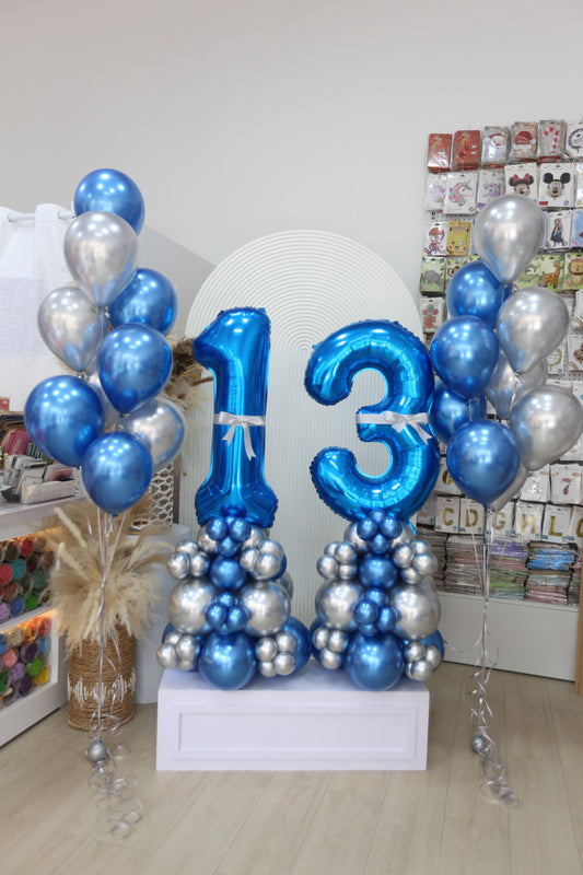 40-inch Numbers 1&3 Balloon on Stand with Ribbons and Bunch Helium Balloons Colors Chrome Blue and Silver with Strings - Customizable for Any Celebration