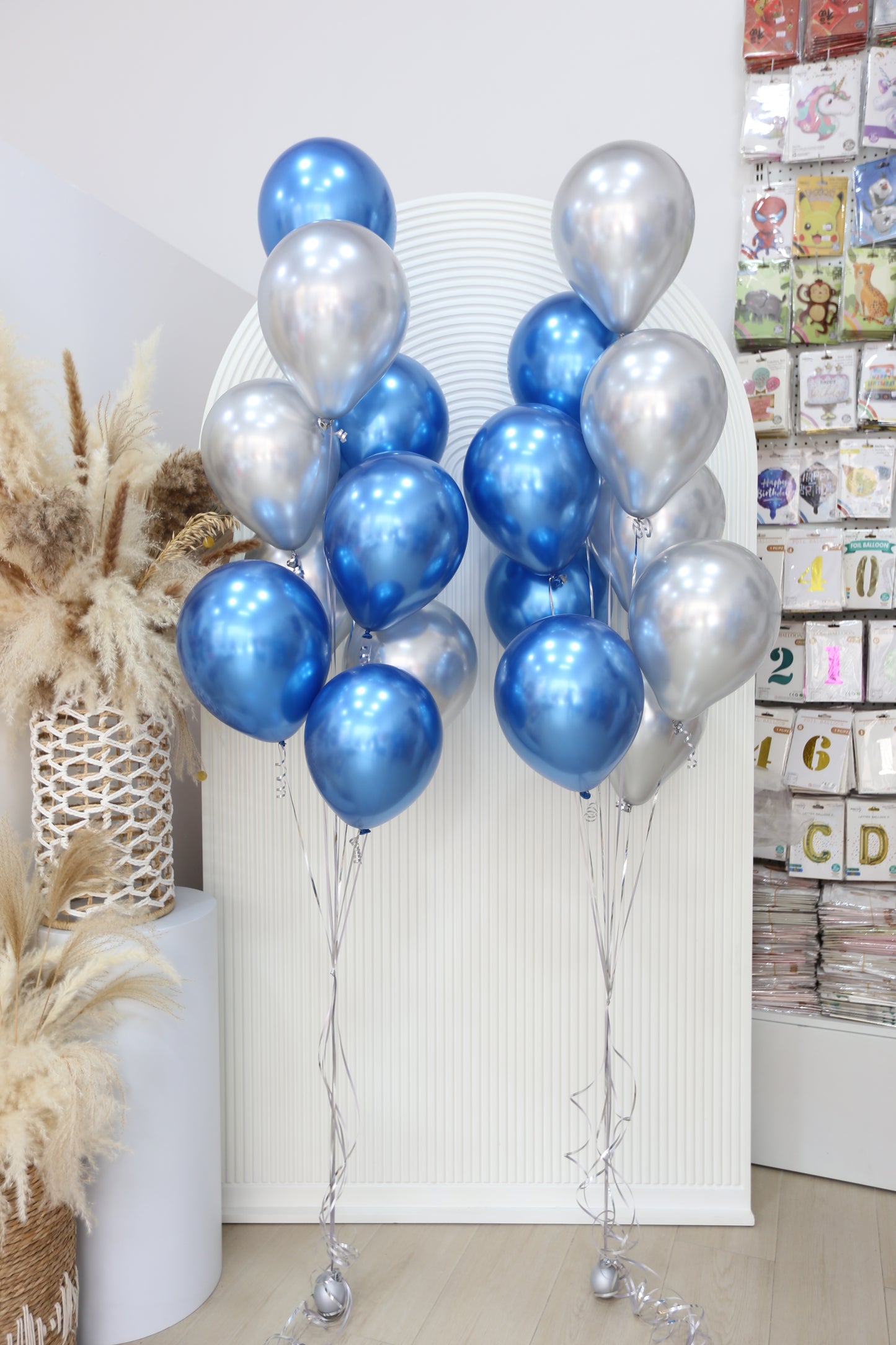 Latex Helium Balloon Silver and Chrome Blue Bunch with Strings - Perfect for any special occasions!