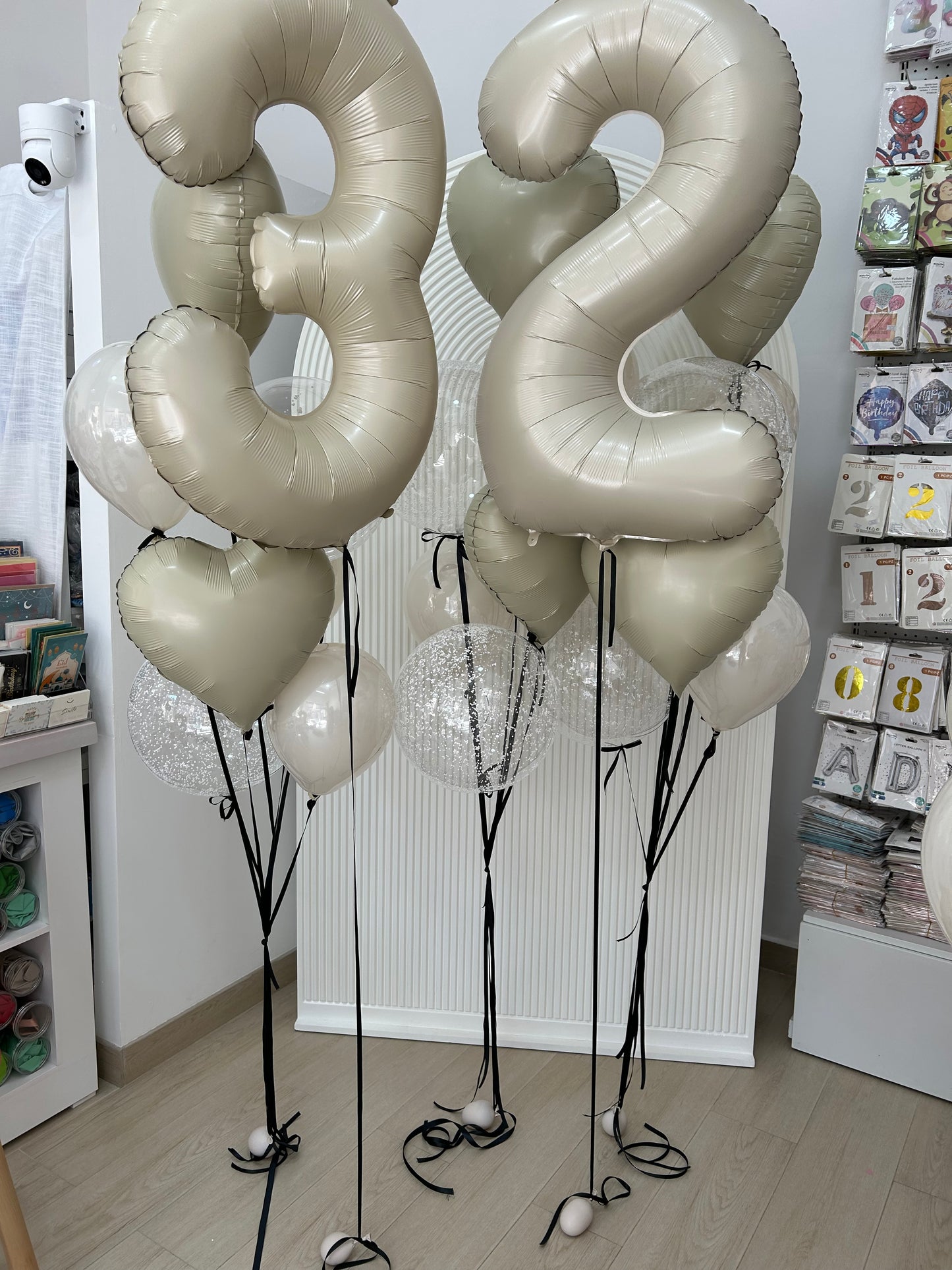 Personalised Helium Balloon Clear with White Foam Latex and Beige Heart-Shaped Foil Bunch, Beige ‘32’ Number Helium Balloons and Tassels - Perfect for any Occasions