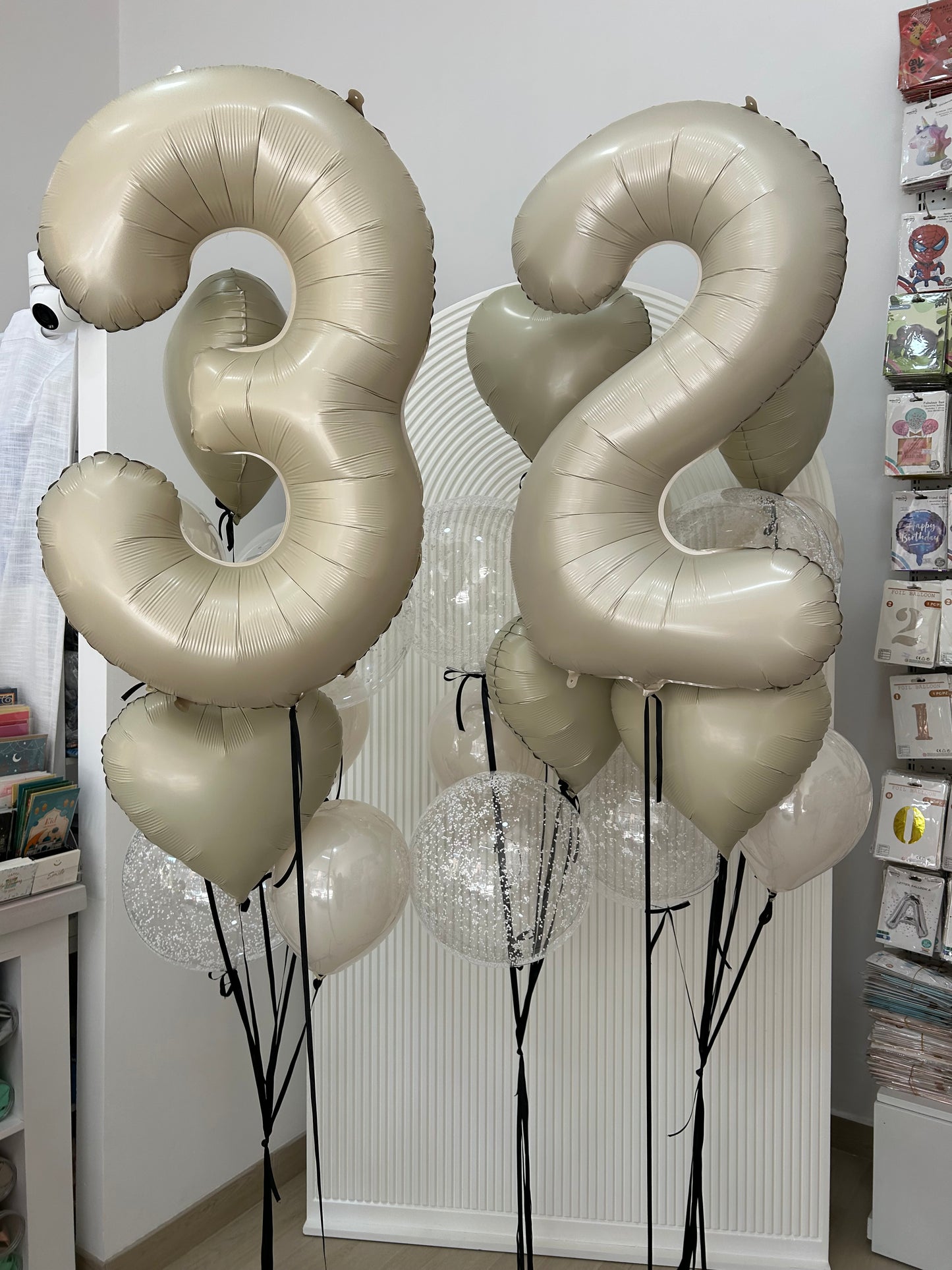 Personalised Helium Balloon Clear with White Foam Latex and Beige Heart-Shaped Foil Bunch, Beige ‘32’ Number Helium Balloons and Tassels - Perfect for any Occasions
