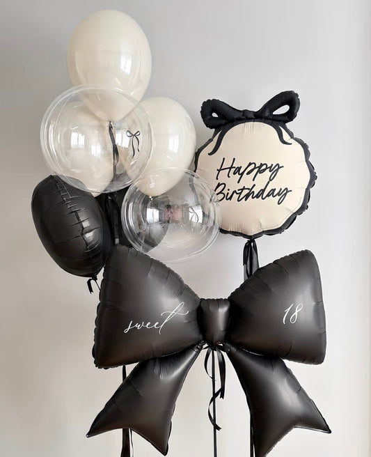 Helium Bunch Black Beige Black Bow Ribbon Customized Sticker and Personalised Happy Birthday