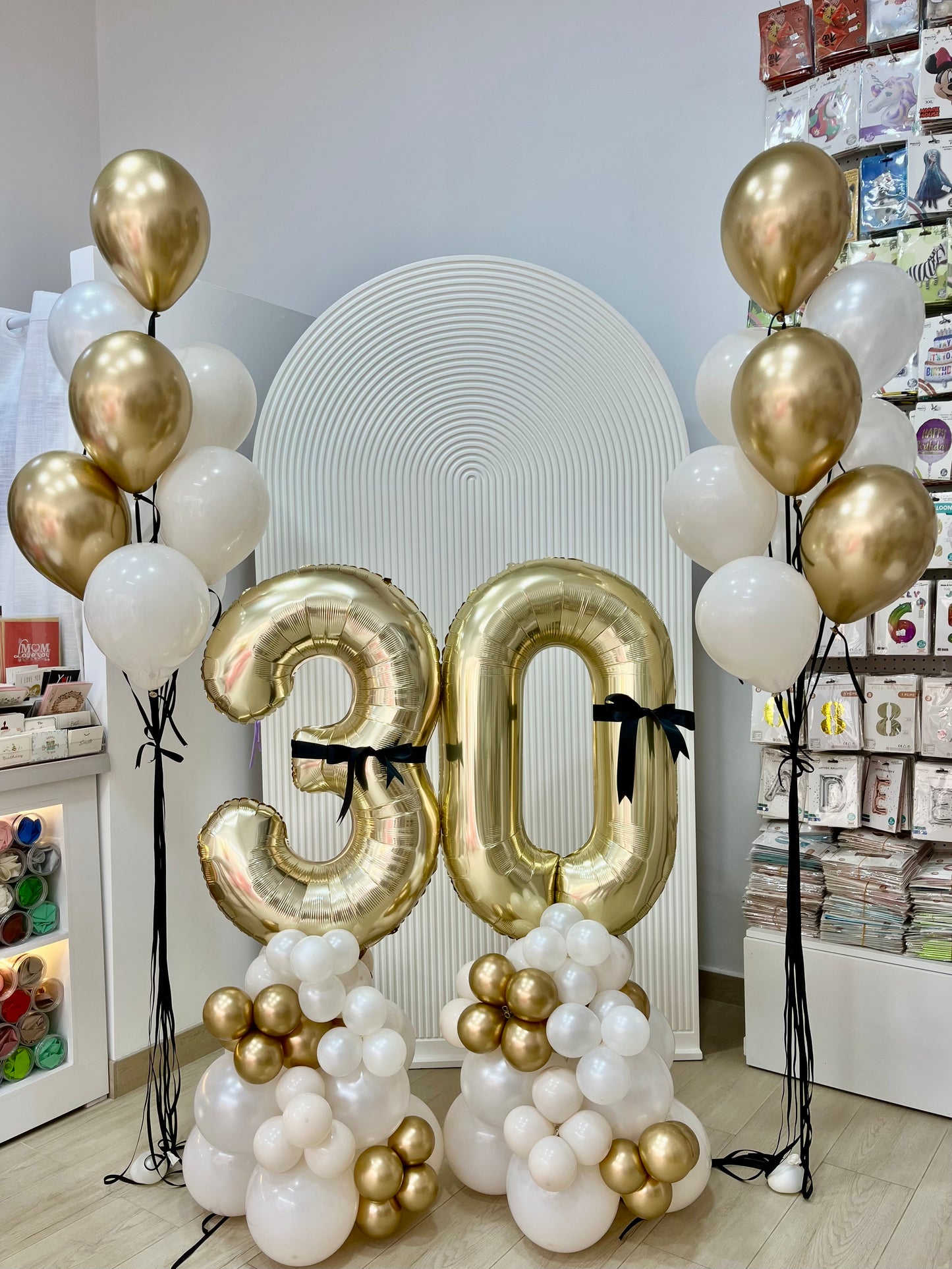 40-inch Numbers 3&0 Balloon on Stand with Bunch Latex Helium Colors Light Gold, Pearl White and Sand White - Customizable for Any Celebration