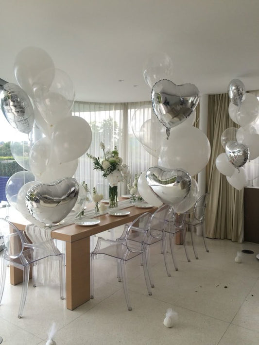 24pcs 10" White and Clear Latex, 3pcs 18" White Latex with 6pcs Silver Heart-Shaped Helium Foil Balloons Bunch - Valentine's, Anniversary Perfect for special occasions!