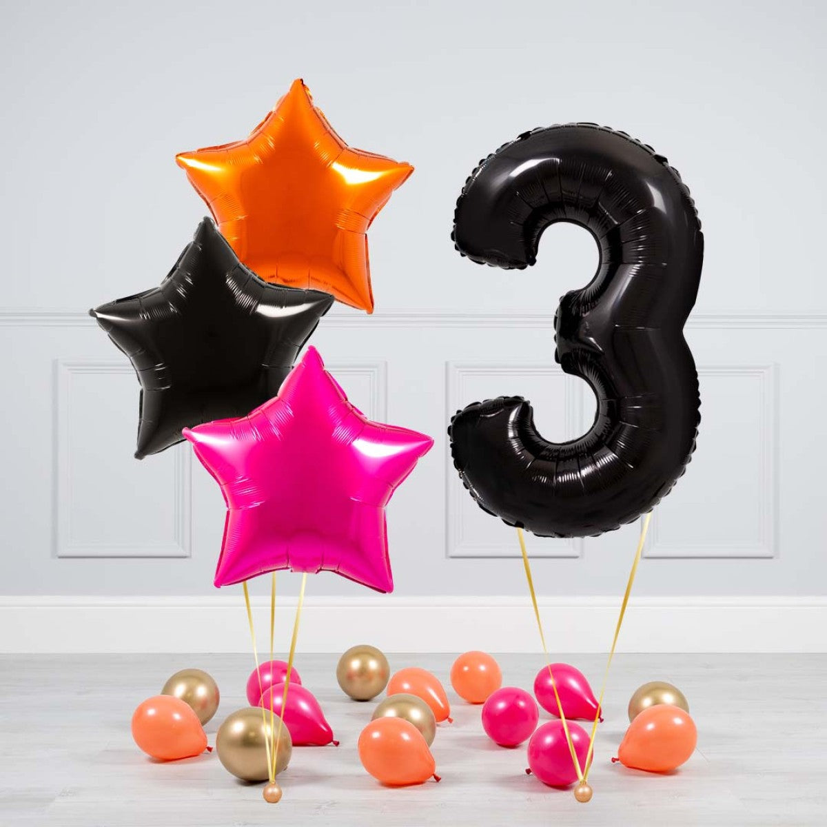 Helium Black Single Number Set Balloon - Orange, Black and Pink Star with Mini Balloons