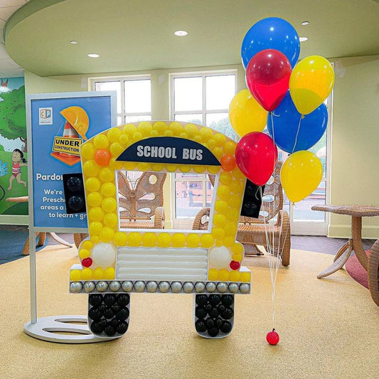 Back To School Customizable Designed Bus with Balloons Yellow, Black, Silver and Helium Latex Bunch 2 10-inch Red, 3 10-inch Yellow and 2 18-inch Blue - Perfect for Back To School and School Events!