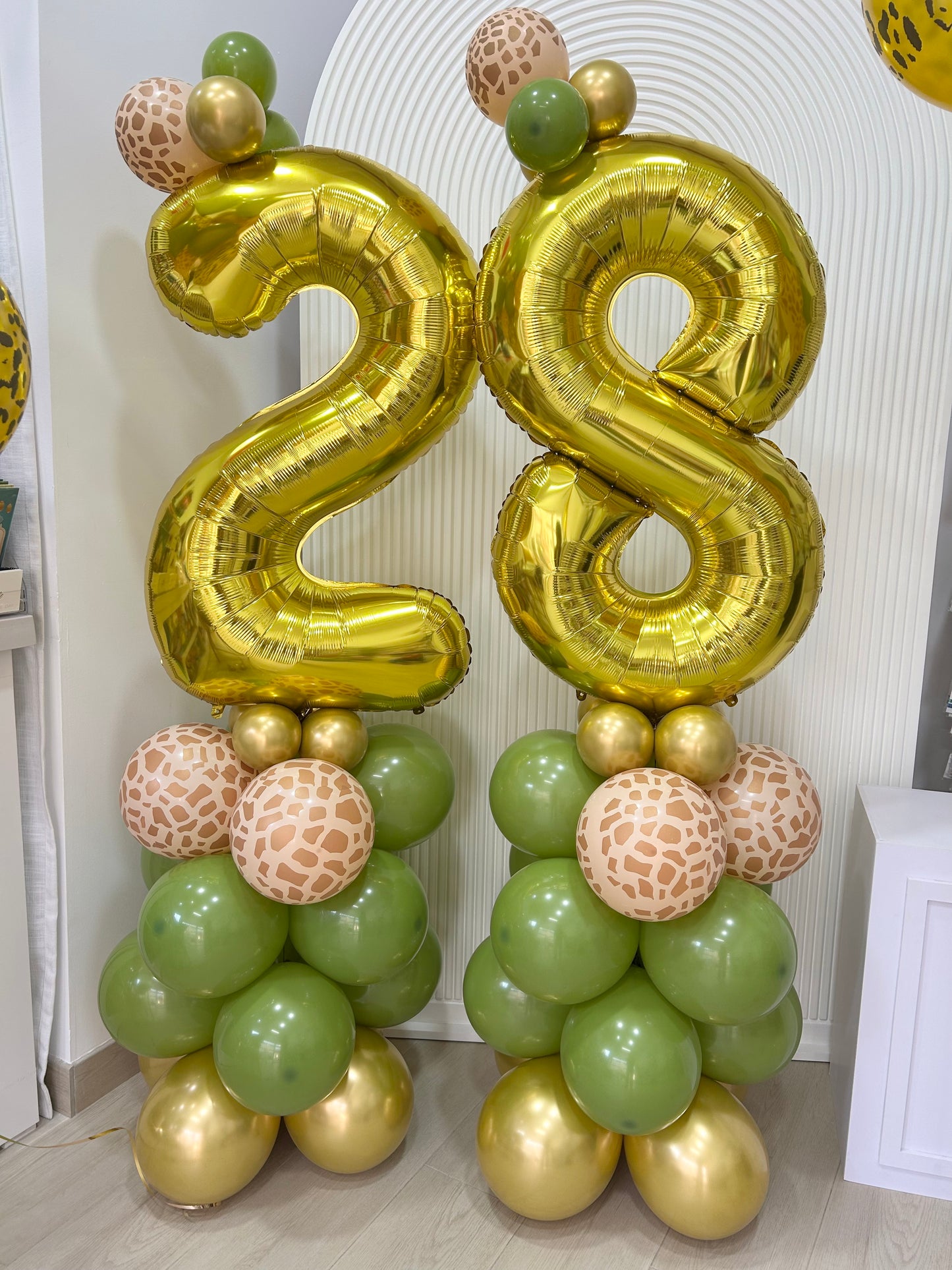 Gold Number ‘28’ Balloon on Stand Green, Gold and Animal Printed Latex - Animal-Themed Customizable and Balloon Design