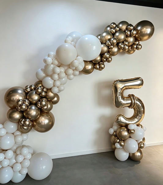 Customizable Balloon Arch White, Beige and Light Gold with Number Balloon on Stand ‘5'- Perfect for special occasions