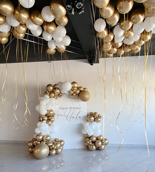 Customizable Board Backdrop with Helium Balloon White And Gold- Perfect for special occasion