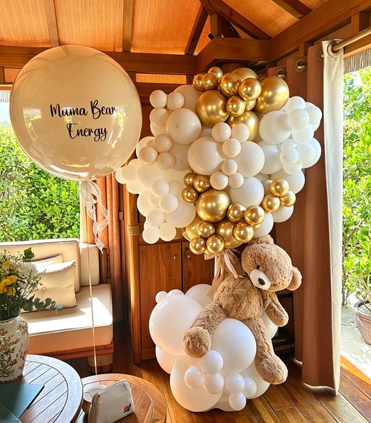 Hospital or Home Welcoming Baby Balloon Teddy Bear with Balloons White Brown Light Gold Personalised Beige Customize Sticker  - Perfect for special occasions Baby Shower Welcome Baby Newborn