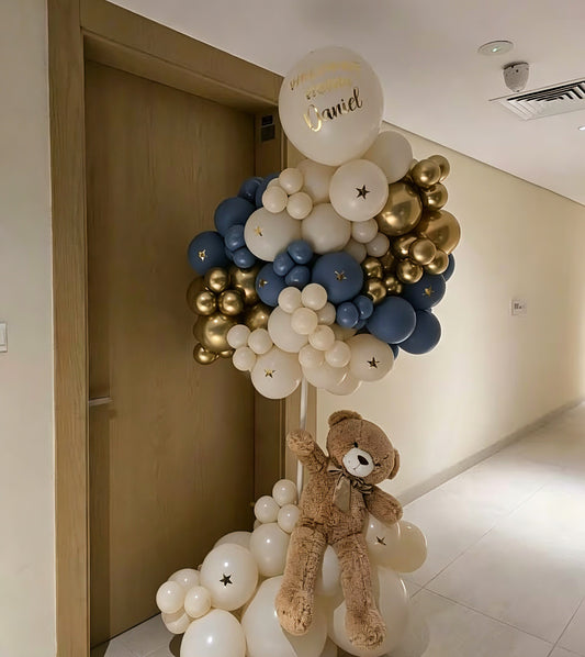 Hospital or Home Welcoming Baby Balloon Teddy Bear with Customizable Sticker Balloons Blue, Light Gold, & White - Perfect for special occasions Baby Shower Welcome Baby Newborn