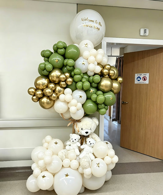 Hospital or Home Welcoming Baby Balloon Teddy Bear with Two Small Teddy Bear, Customizable Sticker Balloons Sage Green, Light Gold, & White - Perfect for special occasions Baby Shower Welcome Baby Newborn