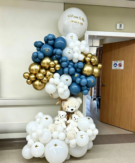 Hospital or Home Welcoming Baby Balloon Teddy Bear with Two Small Teddy Bear, Customizable Sticker Balloons Blue, Light Gold, & White - Perfect for special occasions Baby Shower Welcome Baby Newborn
