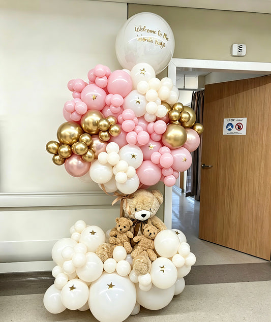 Hospital or Home Welcoming Baby Balloon Teddy Bear with Two Small Teddy Bear, Customizable Sticker Balloons Pink, Light Gold, & White - Perfect for special occasions Baby Shower Welcome Baby Newborn
