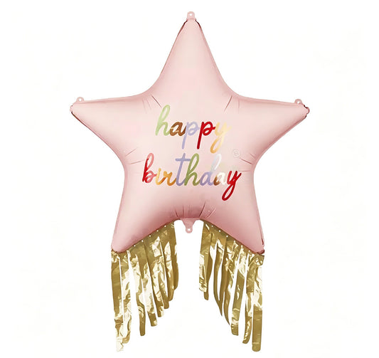 Pink Star Balloon with Happy Birthday Print With gold tassle Helium Balloon - Perfect for Birthday Celebration!