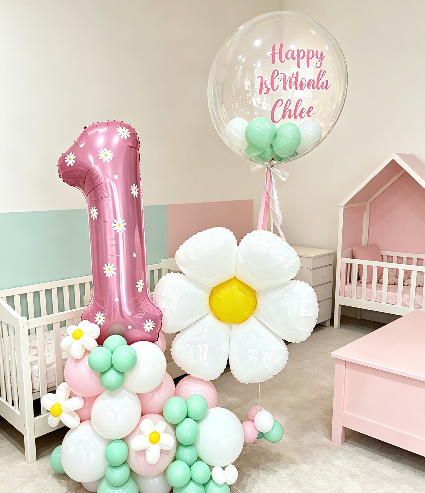 Platform Pink Number '1’ with Balloons Pink White Mint Green Daisy Yellow White Flower with Personalised Clear with Mini Balloons and Customizable StickerHelium Bunch – Customizable Design