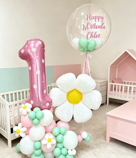 Platform Pink Number '1’ with Balloons Pink White Mint Green Daisy Yellow White Flower with Personalised Clear with Mini Balloons and Customizable StickerHelium Bunch – Customizable Design