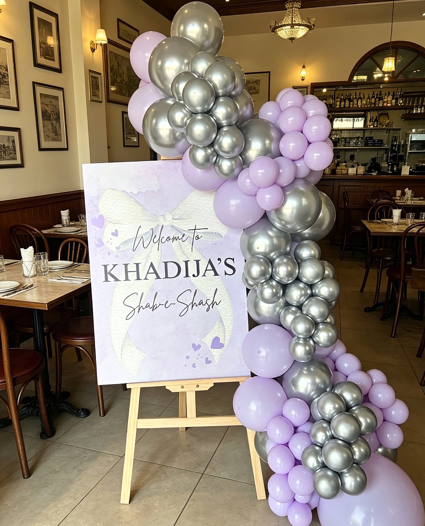 Customizable Square KT Board with Wooden Stand Welcome Board, Organic Balloon Light Purple and Silver Chain Arrangement - Perfect for any occasions!