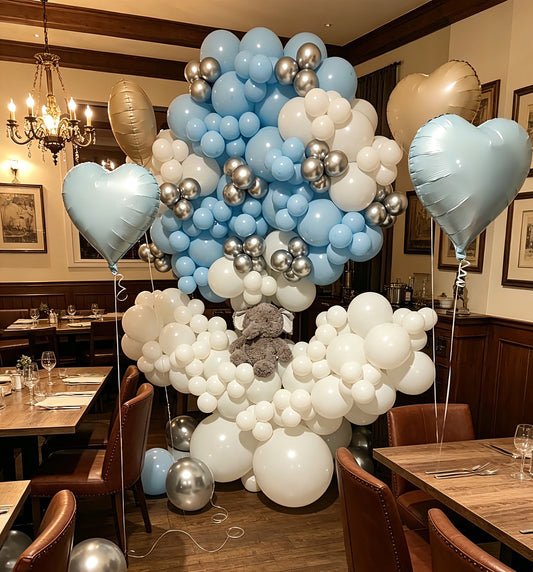 Hospital or Home Welcoming Baby Balloon Teddy Bear Elephant in Blue, Silver, & White With Heart Helium - Perfect for special occasions Baby Shower Welcome Baby Newborn