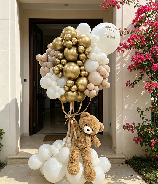 Hospital or Home Welcoming Baby Balloon Teddy Bear, Customizable Sticker Balloons Beige, Light Gold, & White - Perfect for special occasions Baby Shower Welcome Baby Newborn