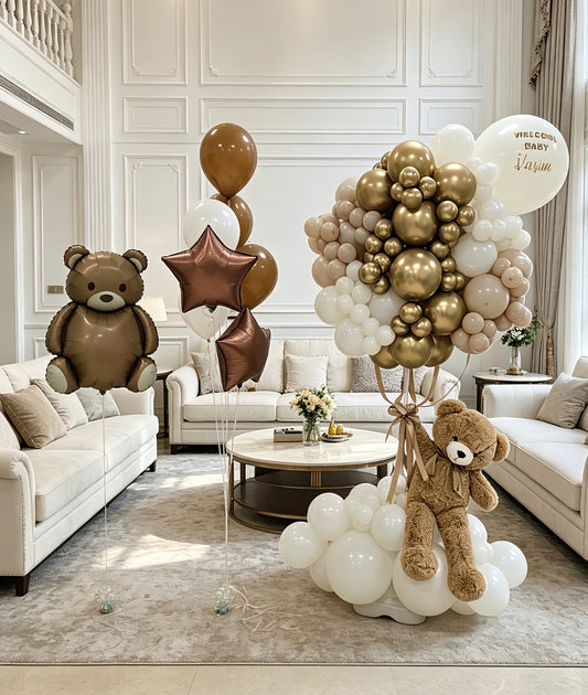 Hospital or Home Welcoming Baby Balloon Teddy Bear, Helium Teddy Bear, Latex Helium Bunch With Stars, Customizable Sticker Balloons Beige, Light Gold, & White - Perfect for special occasions Baby Shower Welcome Baby Newborn (Copy)
