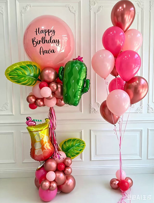 Pillar/Column/Tower Hot Pink, Pink, Shiny Pink, Helium Bunch Balloons With Cactus, Leaves, Cocktail Balloon, Printed Balloons with Customize Sticker Tassels - Flamingo-Themed Animal-Themed Tropical Customizable Design