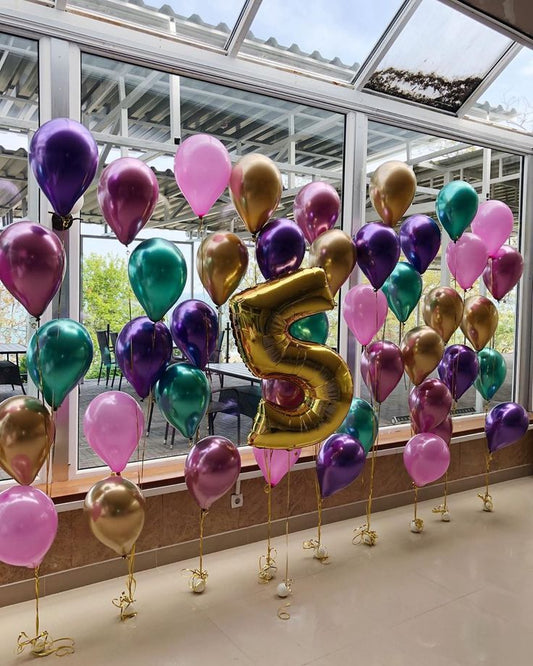 Helium Balloons Single Number Set Gold '5' with Latex Balloons Pink and Chrome Colors Purple, Pink, Green and Gold - Perfect for any Occasions!