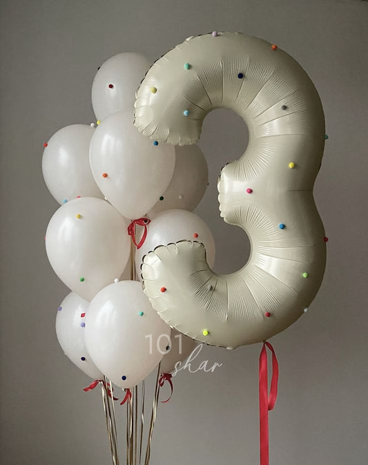 Single Number Set  ‘3’ with Latex Helium Bunch Purple White Clear with pompom Balls Customizable Design