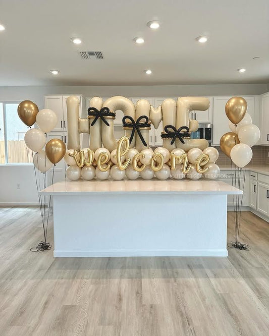Platform Beige 'WELCOME HOME' with Latex Black Designed Ribbons, Beige and Light Gold – Customizable Design