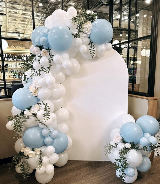 Customizable Board Backdrop with Balloons Blue, White with Artificial Flowers and Leaves - Perfect for special occasion