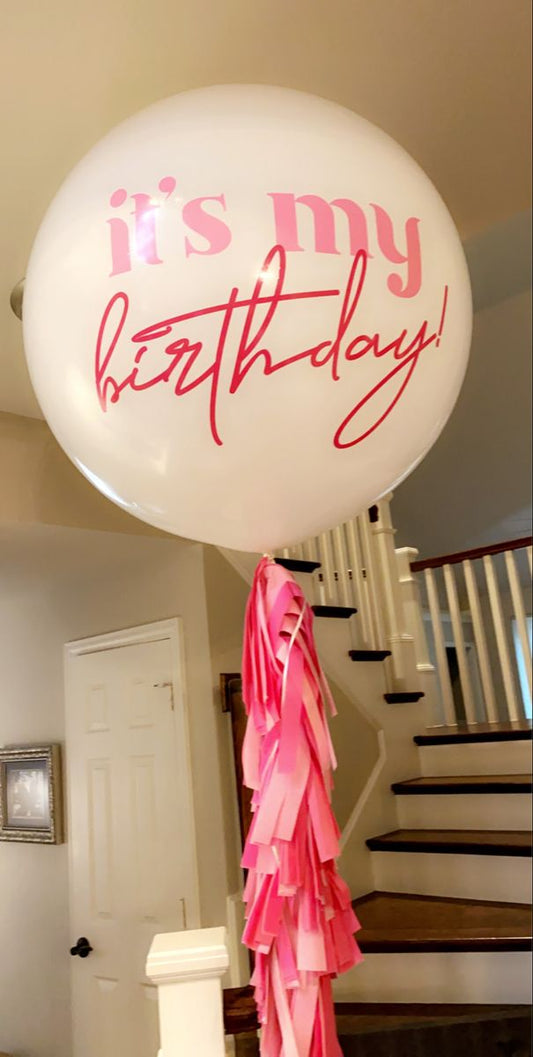 Personalised Helium Balloon Pink with Customize Sticker and Pink Tassels - Birthday, Corporate Event, Grand Opening, Company Event Perfect for special occasion!