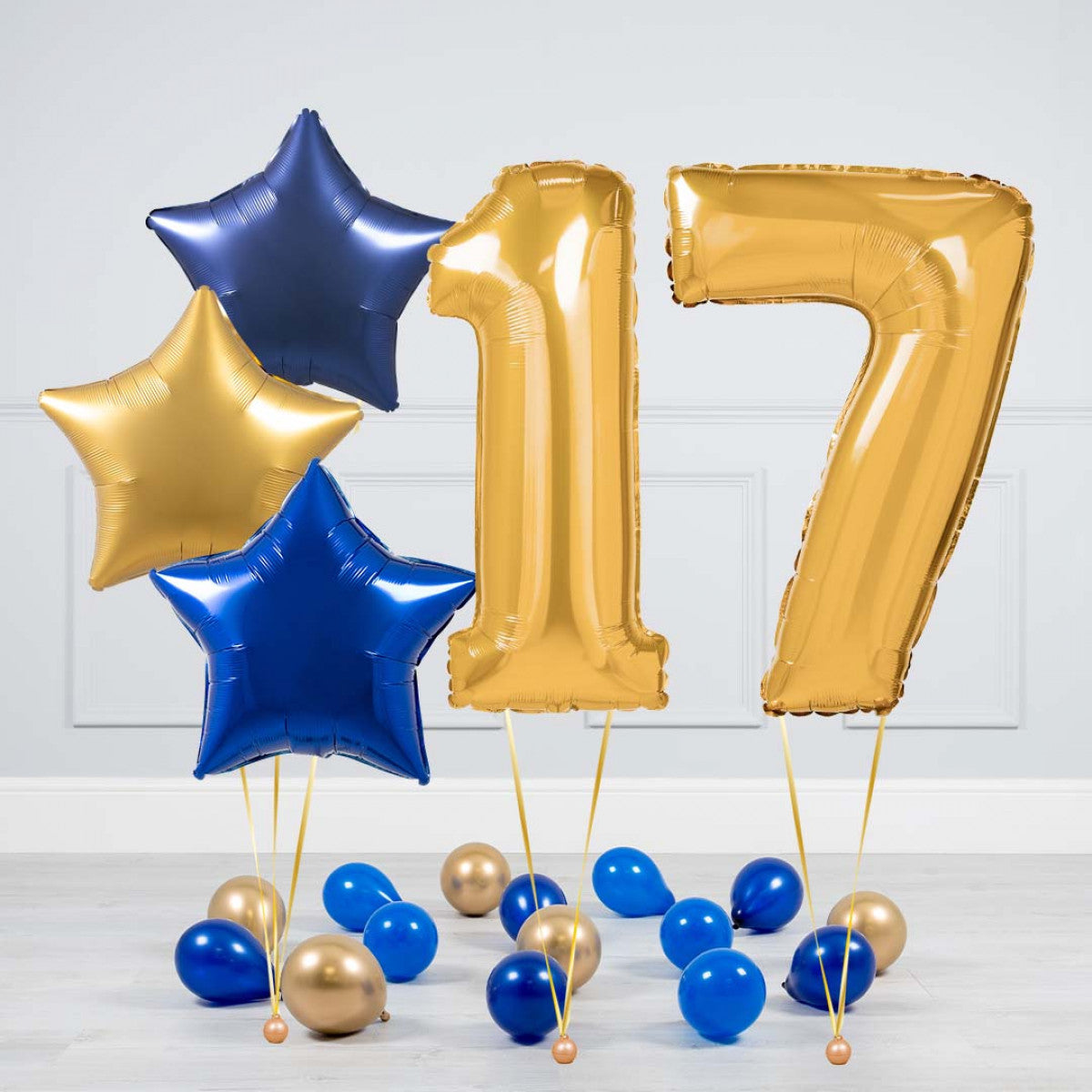 Helium Gold Two Number Set Balloon - Dark Blue, Blue and Gold Stars with Mini Balloons