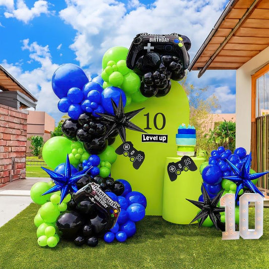 Customizable Board Backdrop Game Controller with Balloons Green, Black and Blue with Starburst accents and LED Marquee Number '10' - Birthday, Perfect for special occasion