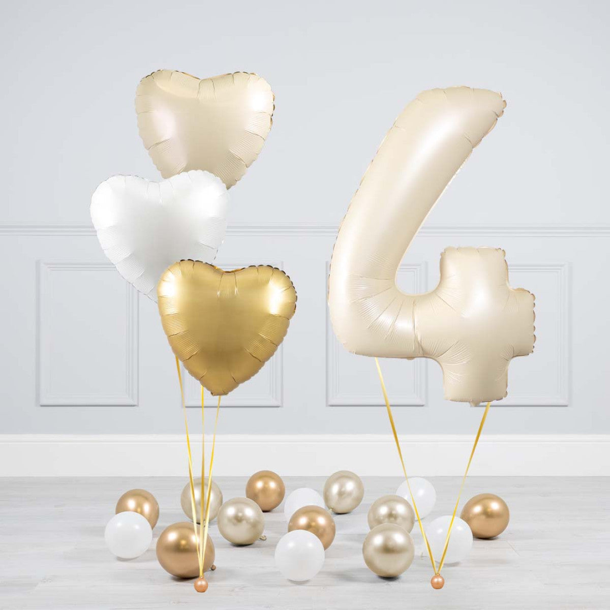 Helium Beige Single Number Set Balloon - Beige, White and Gold Hearts with Mini Balloons