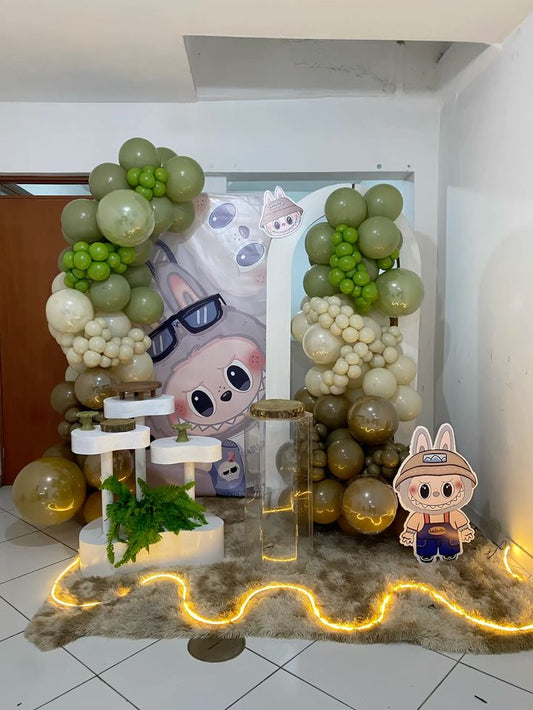 Customizable Board Labubu Backdrop with Balloon Oliver Green, Beige and Brown with Labubu Foil Balloon accents and Labubu Standee - Labubu-Themed Perfect for special occasion