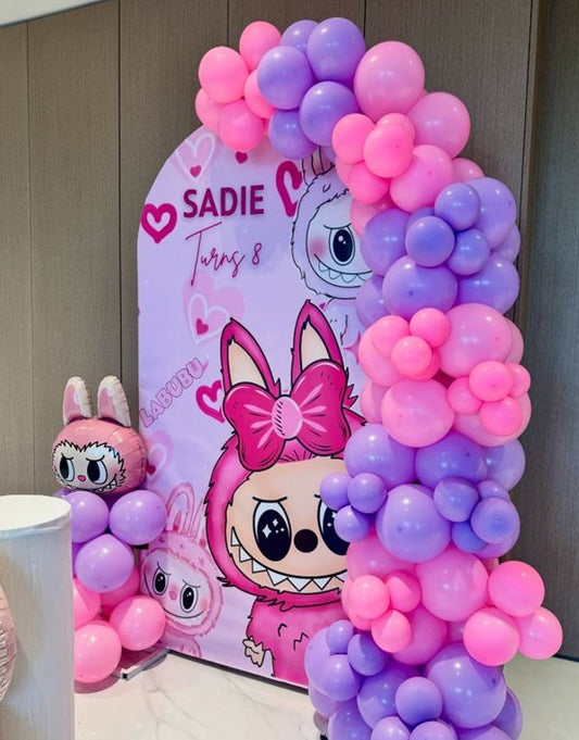 Customizable Board Labubu Backdrop with Balloon Purple and Pink with Labubu Foil Balloon accents - Labubu-Themed Perfect for special occasion