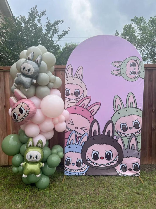 Customizable Board Labubu Backdrop with Balloon Pink, Olive Green and Army Green with Labubu Foil Balloon accents - Labubu-Themed Perfect for special occasion
