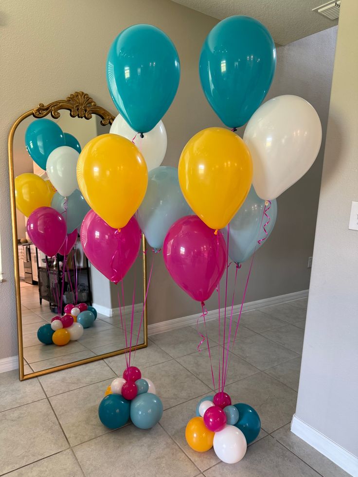 Latex Helium Bunch Teal, Blue, White, Pink and Yellow Balloons with Pink Strings - Perfect for Special Occasions!