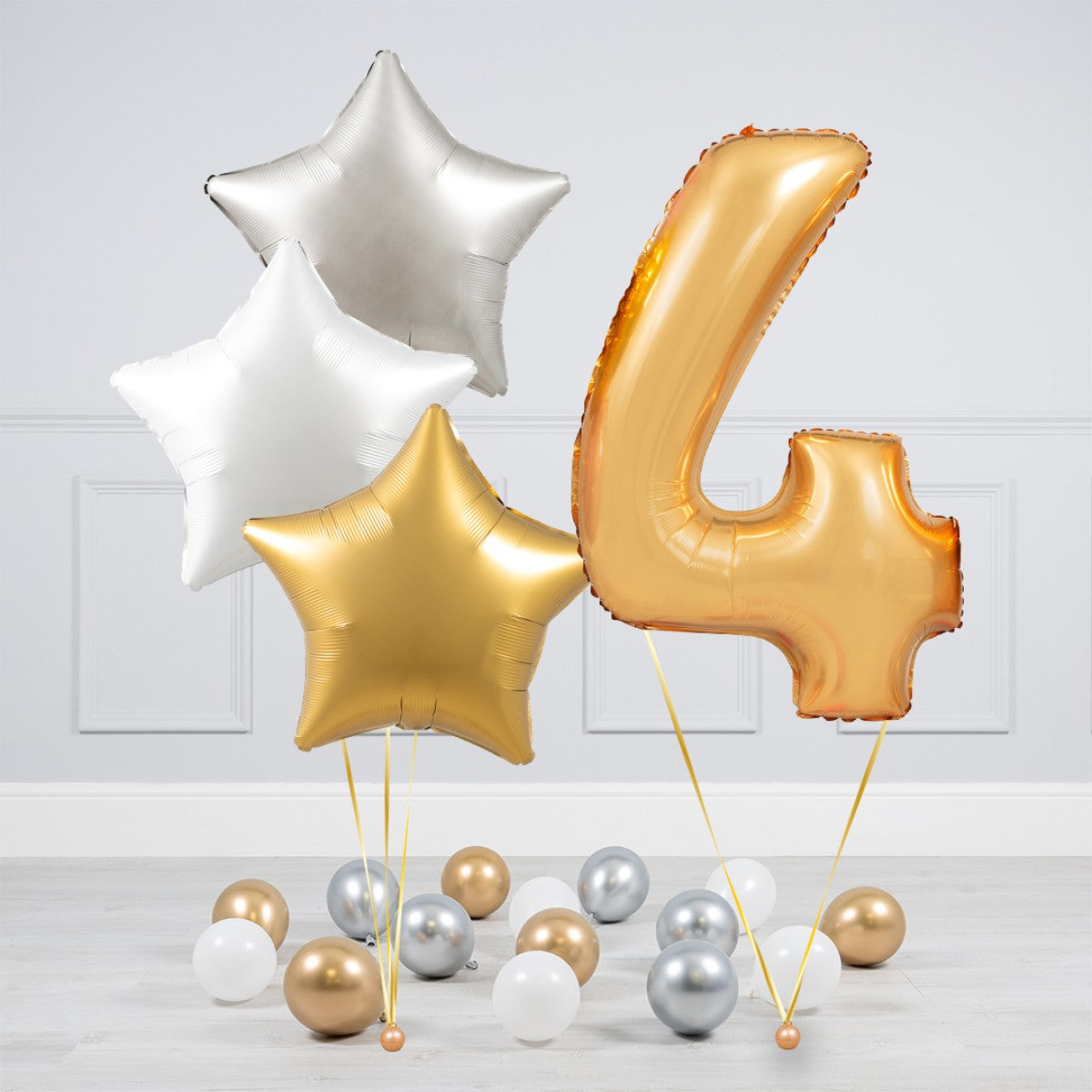 Helium Gold Single Number Set Balloon - Silver, White and Gold Stars with Mini Balloons