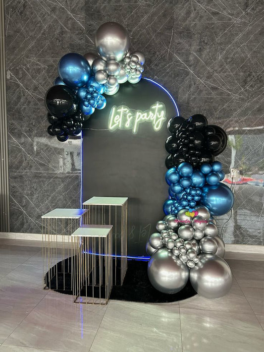 Customizable Board Backdrop with LED Customize 'Let's Party' Acrylic and Balloons Chrome Blue, Silver and Black - Birthday, Perfect for special occasion