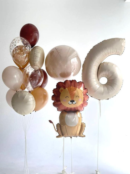 Helium Balloon Single Number Set of Beige Number ‘6’ Balloon with Clear with Latex Beige, Lion, Circle Beige and Latex Helium Bunch Clear with Confetti, Burgundy, Beige and Dust White - Safari and Jungle-Themed Perfect for any Occasions