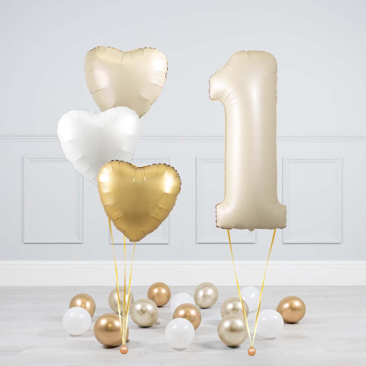 Helium Beige Single Number Set Balloon - Beige, White and Gold Hearts with Mini Balloons