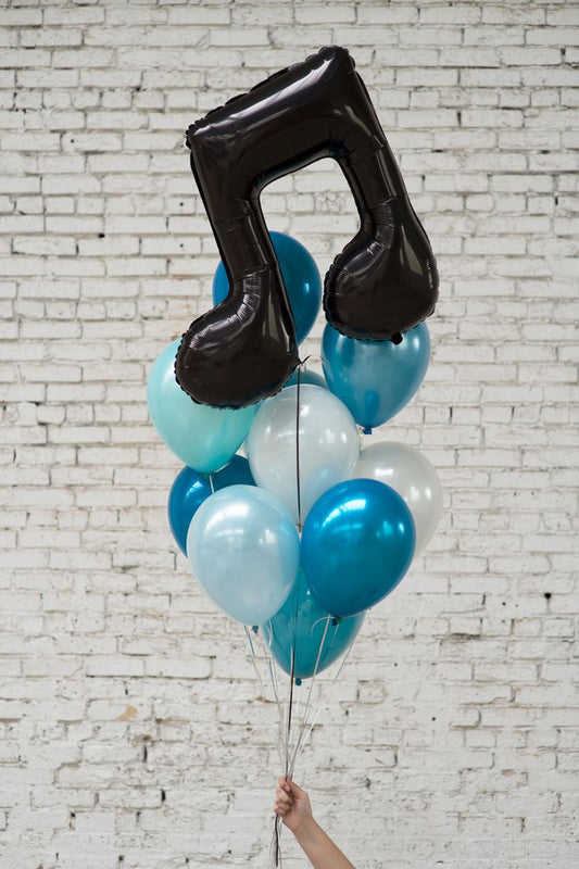 Helium Latex Balloon Teal, Chrome Blue, Blue and White with Music Notes Bunch - Perfect for special occasions!
