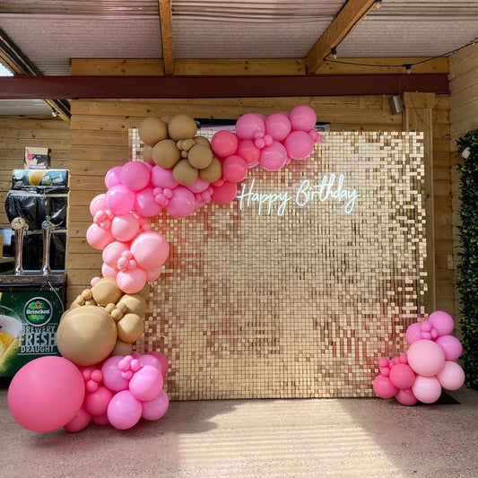Gold Shimmer Wall Setup with Balloon Pink and Brown, LED Acrylic "Happy Birthday" - Perfect for any Celebration