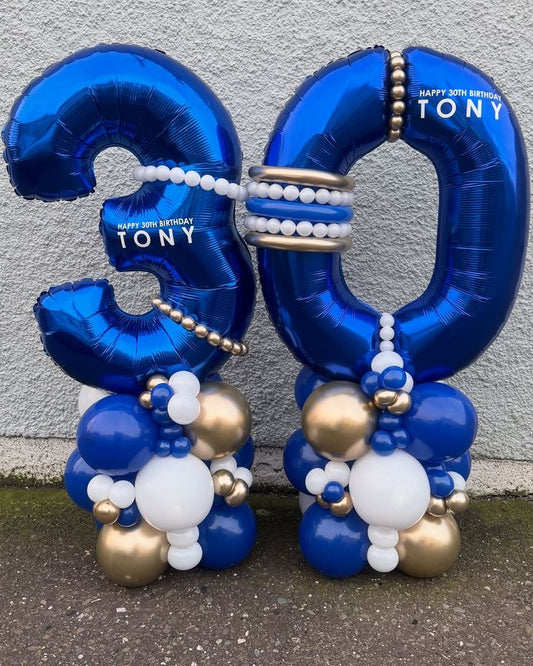 Balloon on Stand Blue Numbers '30' with Latex Blue, White and Light Gold with Customize Sticker – Customizable Design