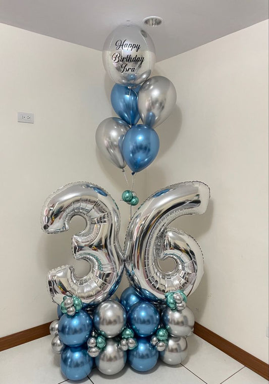 Platform Silver Numbers '36' with Latex Silver and Chrome Blue with Helium Orbs with Customize Sticker and Latex Bunch – Customizable Design
