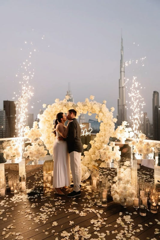 Artificial Flowers, Candles, Giant White Heart Artificial Flower, LED Customize Acrylic 'Will You Marry Me' - Perfect for Proposal, Wedding, Anniversary special occasions!